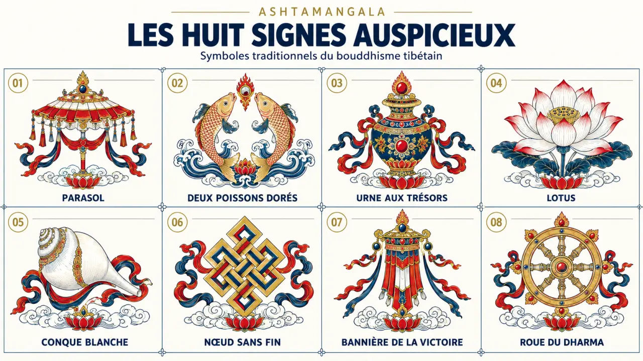 Bouddhisme signe : les huit symboles auspicieux de l’Ashtamangala présentés dans une planche visuelle