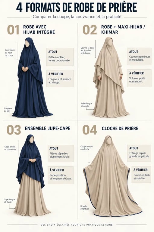 Formats de robe de prière avec hijab intégré, khimar, jupe-cape et cloche