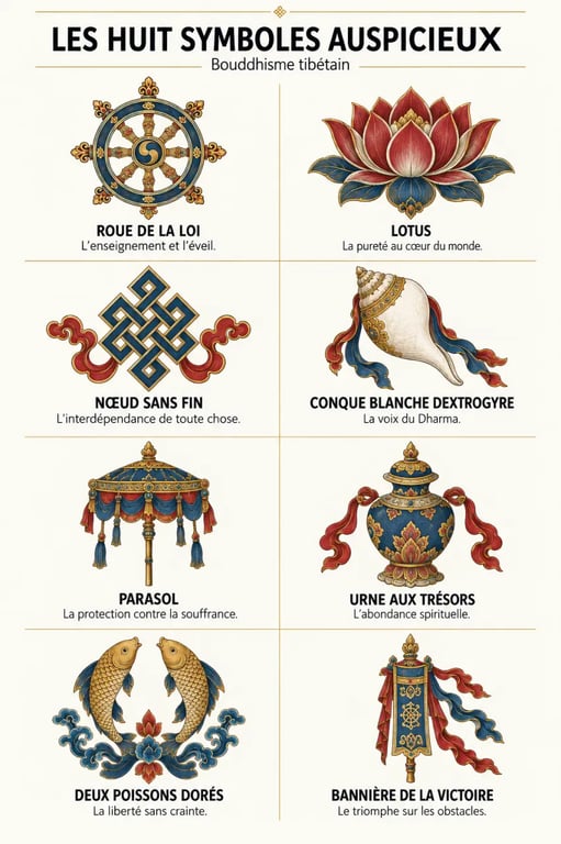 Bouddhisme symbole : infographie des huit symboles auspicieux tibétains et de leur signification