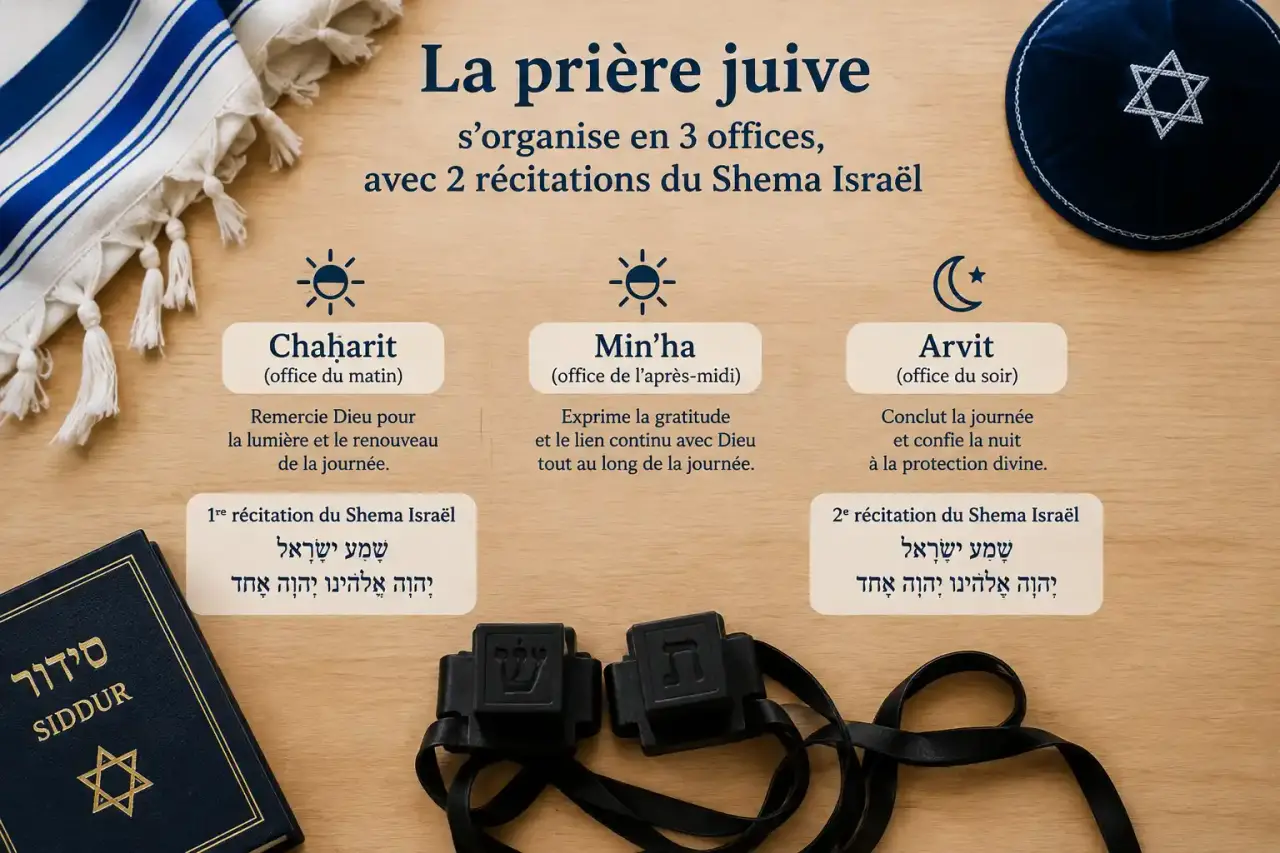 La prière juive s’organise en 3 offices, avec 2 récitations du Shema Israël