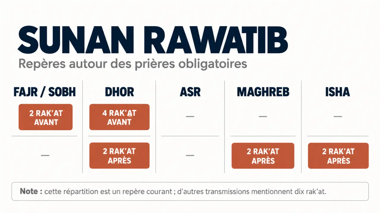 Infographie de la prière surérogatoire avec la répartition des 12 rak’at quotidiennes