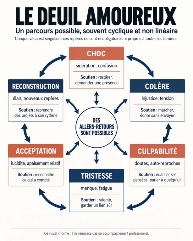 Étapes du deuil amoureux chez une femme : cycle non linéaire des émotions et de la reconstruction