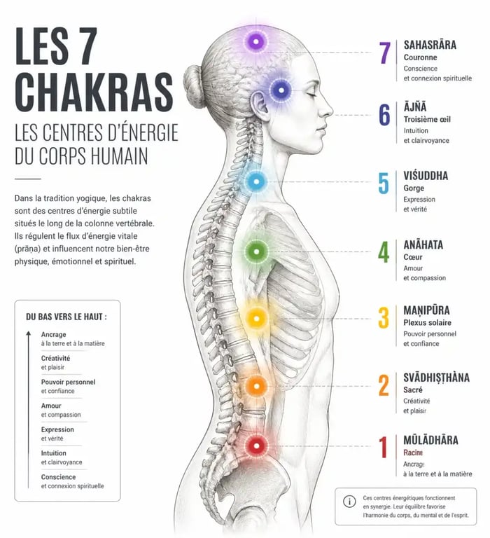 Les couleurs du chakra représentées le long de la colonne vertébrale du rouge au violet