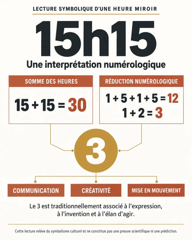 Infographie sur 15 15 heure miroir et les calculs numérologiques associés au chiffre 3