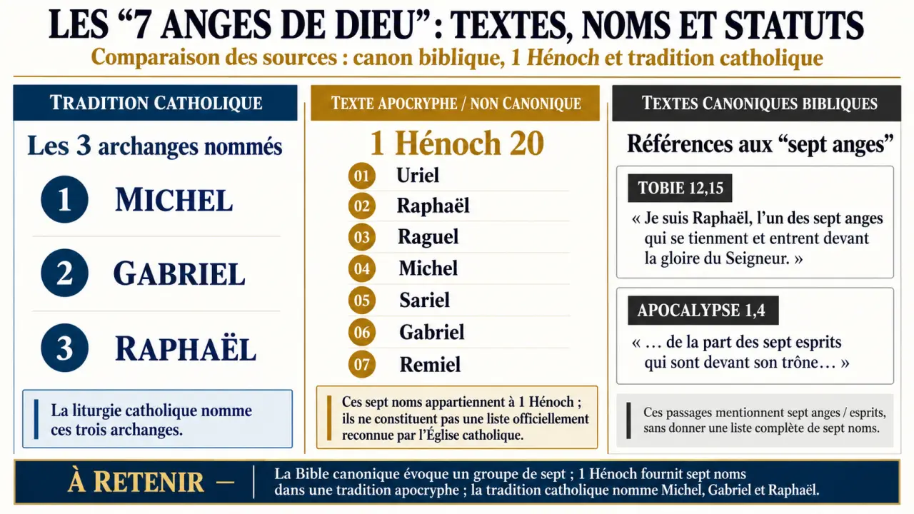 Infographie comparative sur les 7 anges de Dieu, les trois archanges catholiques et les noms du Livre d’Hénoch