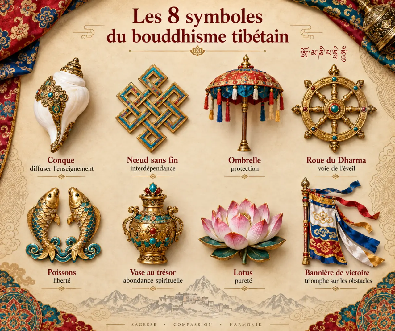 Les 8 symboles du bouddhisme tibétain : formes, significations et repères