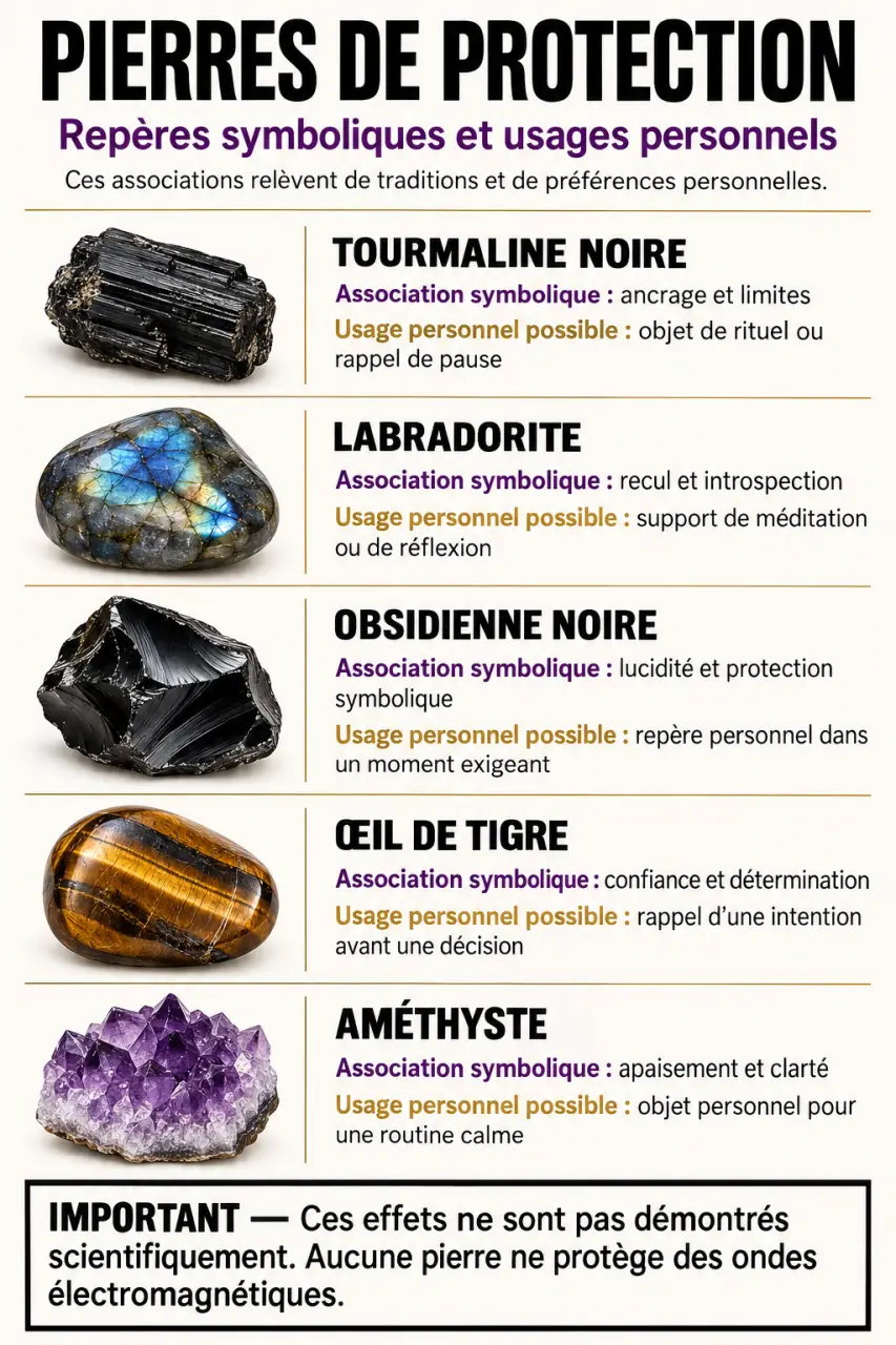Infographie sur les pierres de protection et leurs usages symboliques