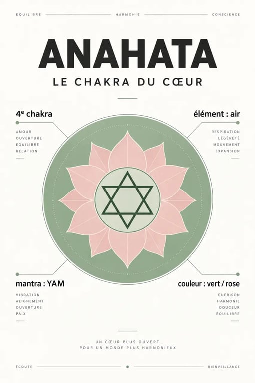 Infographie du chakra du coeur Anahata avec ses symboles, sa couleur, son élément et son mantra