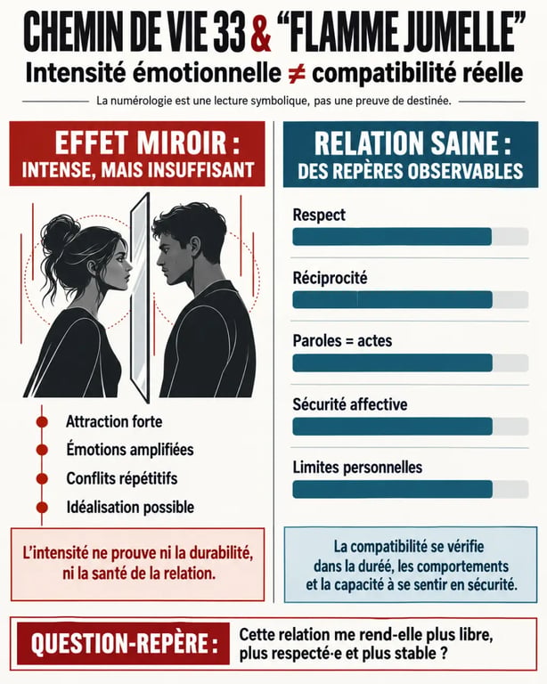 Infographie sur le chemin de vie 33 flamme jumelle, entre intensité émotionnelle, compatibilité et sécurité affective