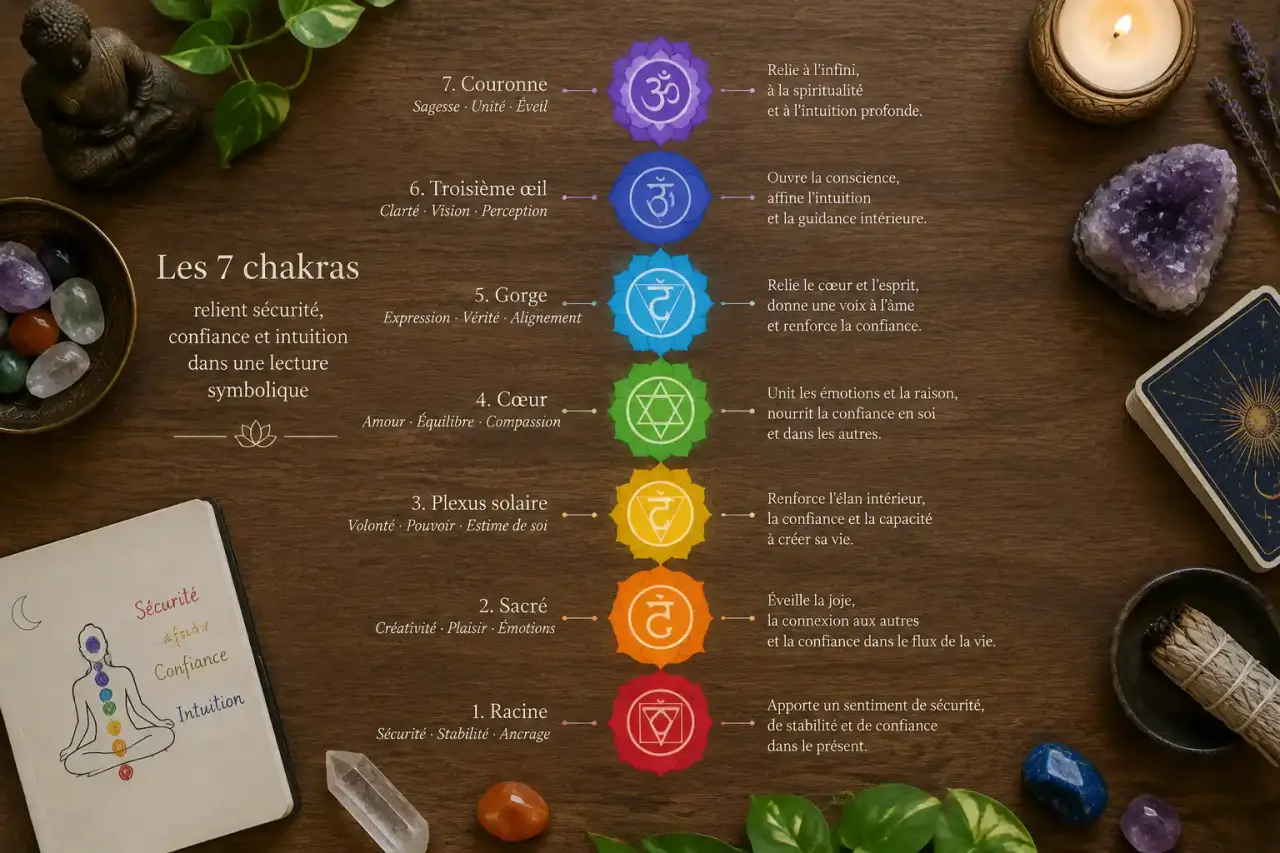 Les 7 chakras relient sécurité, confiance et intuition dans une lecture symbolique