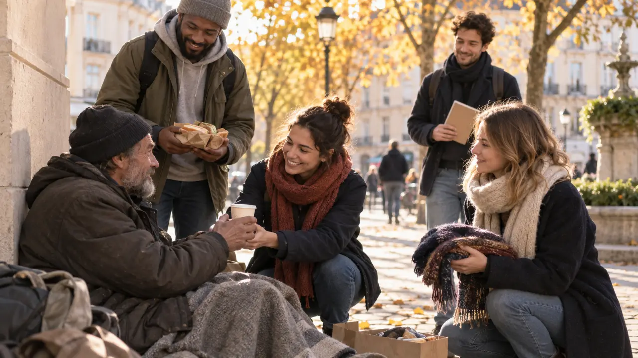 Bénévoles et personnes accueillies partageant un moment chaleureux lors d'une maraude
