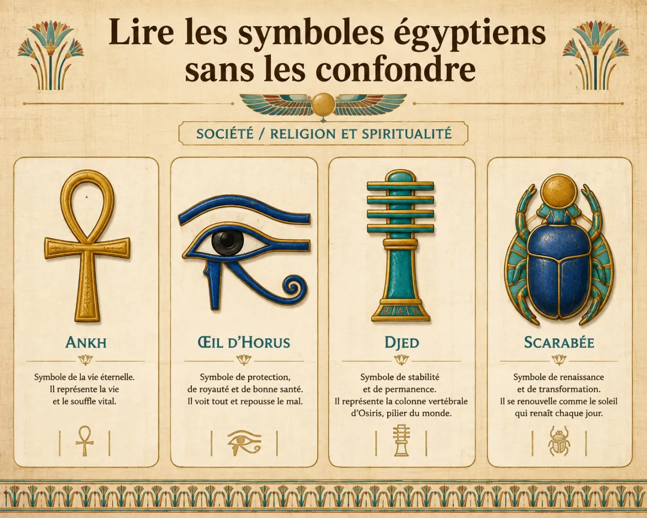 Lire les symboles égyptiens sans les confondre : Ankh, Œil d’Horus, Djed et scarabée