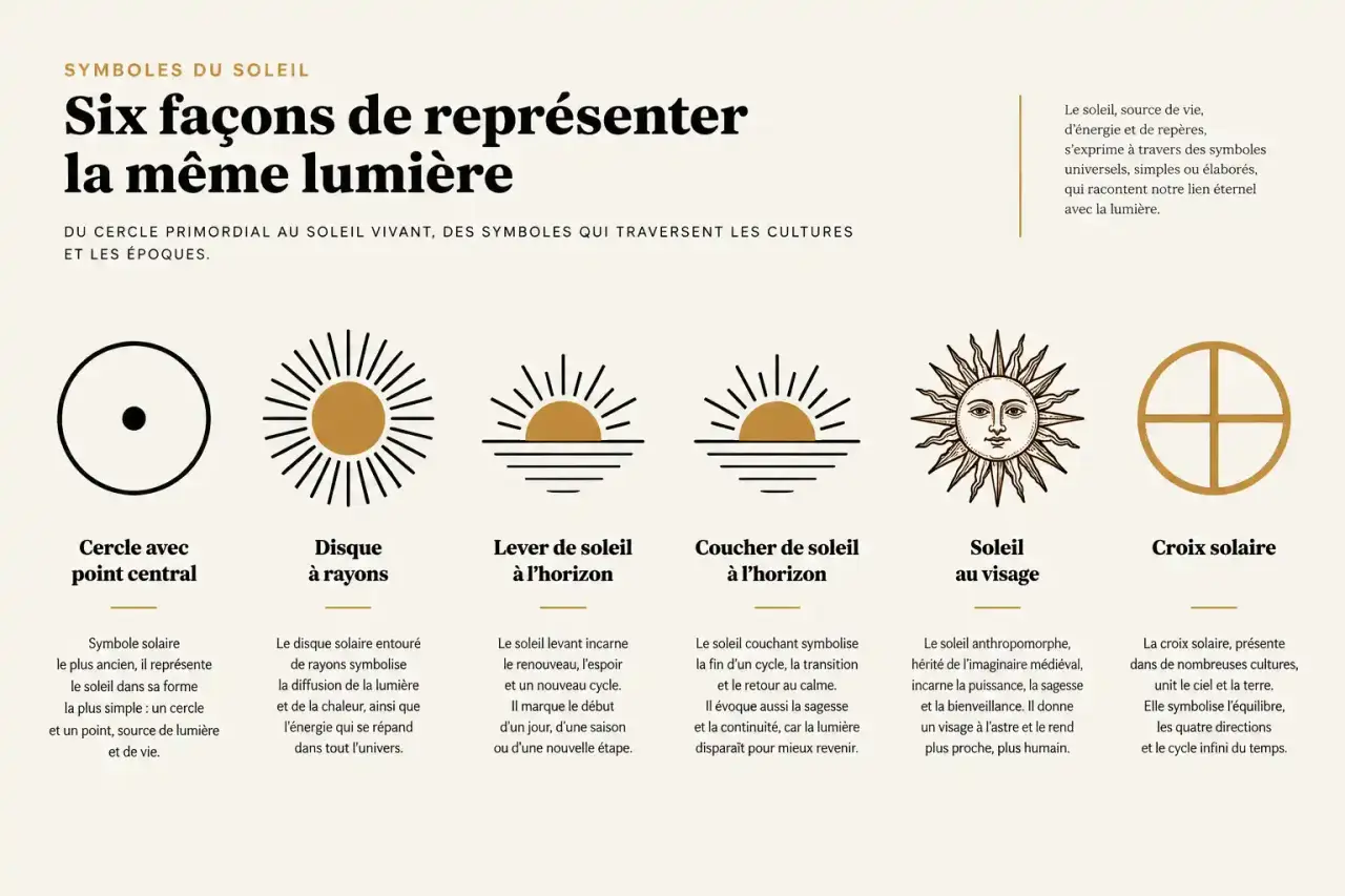 Symboles du soleil : cercle avec point central, rayons, soleil levant, soleil couchant, soleil à visage et croix solaire