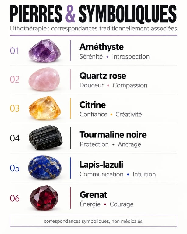 Infographie sur la signification des pierres en lithothérapie et leurs correspondances symboliques
