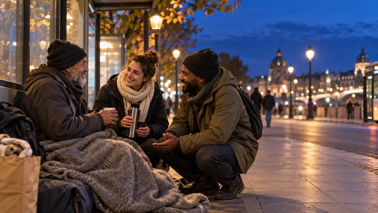 Bénévoles de La Main du Coeur en maraude auprès d'une personne isolée