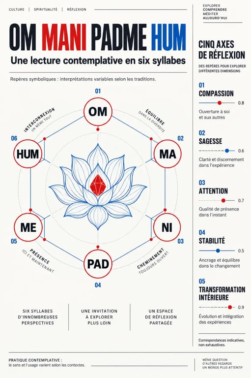 Infographie sur om mani padme hum, ses six syllabes et la symbolique du joyau dans le lotus