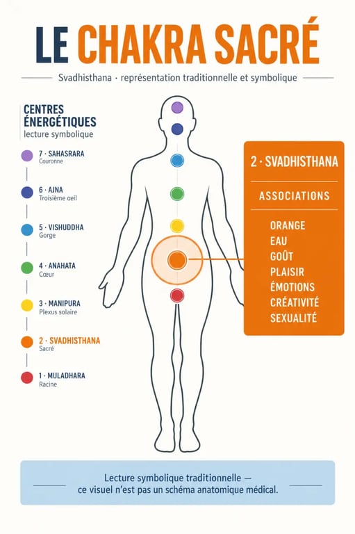Infographie du chakra du sexe ou chakra sacré Svadhisthana et de ses correspondances symboliques