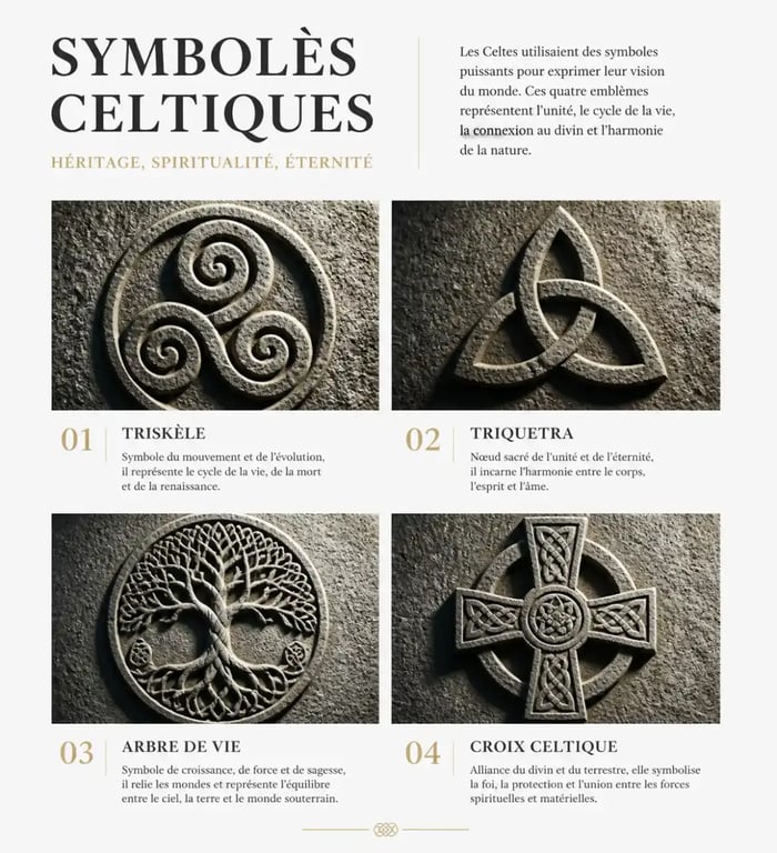Symboles celtiques majeurs : triskèle, triquetra, arbre de vie et croix celtique gravés sur pierre